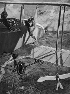 <b class=qtipBold><figcaption>Be2 Versus Taube 1914</figcaption></b><br>The pilots of an allied BE2 aircraft use handguns to attack a German Taube<br><em>© Mary Evans Picture Library</em> Be2 Versus Taube 1914