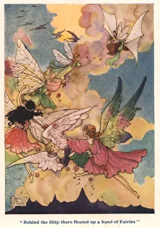 Beautiful illustration showing a group of rainbow-hued fairies following a ship sailing Beautiful illustration showing a group of rainbow-hued fairies following a ship sailing