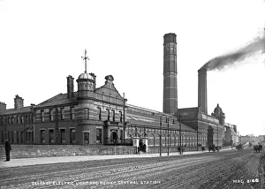 Prints of Belfast Electric Light and Power, Central Station - a view of an electricity station at East Bridge Street with people and horse vehicles outside Belfast Prints: Belfast Electric Light and Power, Central Station Print
