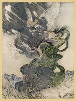 <b class=qtipBold><figcaption>Bellerophon & Chimera</figcaption></b><br>One of the tasks he has to perform for Iobates, king of Lycia, is to slay the CHIMERA, which he does with the aid of the winged horse PEGASUS<br><em>© Mary Evans Picture Library/ARTHUR RACKHAM</em> Bellerophon & Chimera