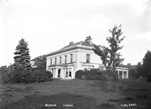 Prints of Bellevue, Lurgan - an oblique front view of a large mansion. (Location: Northern Ireland; County Armagh; Lurgan). Date: circa early 1900s County Armagh Prints: Early 20th Century Print of Bellevue Mansion, Lurgan
