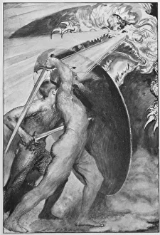 <b class=qtipBold><figcaption>Beowulf & Dragon</figcaption></b><br>Beowulf, now an old man, uses his young companion Wiglaf's shield to defend himself against the fire dragon.<br><em>© Mary Evans Picture Library</em> Beowulf & Dragon