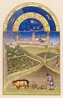 <b class=qtipBold><figcaption>Berry / March</figcaption></b><br>MARCH Plowing and tending vines near the chateau de Lusignan : the fairy Melusine, in the form of a dragon, is seen flying over the chateau<br><em>© Mary Evans Picture Library</em> Berry / March