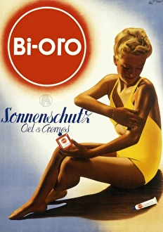 <b class=qtipBold><figcaption>Bi oro advertising poster</figcaption></b><br>Poster advertising Bi-oro suntan oils and creams, showing a conker brown lady in a yellow swimsuit rubbing in more cream.<br><em>© Mary Evans Picture Library 2015 - https://copyrighthub.org/s0/hub1/creation/maryevans/MaryEvansPictureID/10239609</em> Bi oro advertising poster