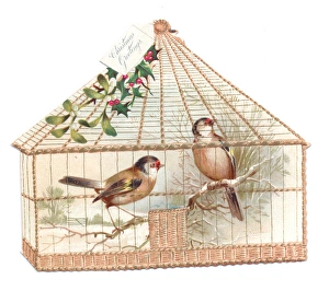 Two birds in a cage on a cutout Christmas card Two birds in a cage on a cutout Christmas card