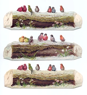 Birds perched on logs on three cutout Christmas cards Birds perched on logs on three cutout Christmas cards