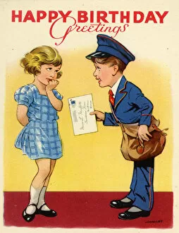 Postal Gallery: Birthday card, girl and postman