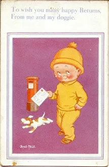 Birthday postcard, Little boy, dog and pillar box Birthday postcard, Little boy, dog and pillar box