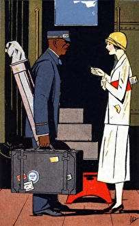 Black American porter with an elegant ladys luggage Black American porter with an elegant ladys luggage