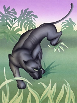 <b class=qtipBold><figcaption>Black Panther</figcaption></b><br>A highly stylised airbrush painting by Malcolm Greensmith of a Black Panther, a melanistic jaguar (Panthera onca), on the prowl through a moodily-lit jungle setting.<br><em>© Mary Evans/Malcolm Greensmith</em> Black Panther