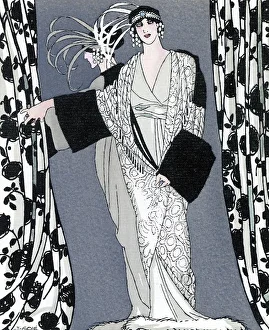 <b class=qtipBold><figcaption>Black & White Costume</figcaption></b><br>Redfern dress & coat in black & white for the theatre: wrap- over 'V'-neck dress with fur- trimmed hem & train, kimono style coat with deep fur collar & cuffs.<br><em>© Mary Evans Picture Library</em> Black & White Costume