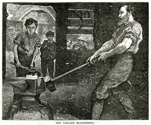 Blacksmith hammering at a lump of metal with a long hammer Blacksmith hammering at a lump of metal with a long hammer