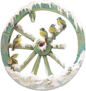 Blue tits perched on a wheel on a cutout Christmas card Blue tits perched on a wheel on a cutout Christmas card