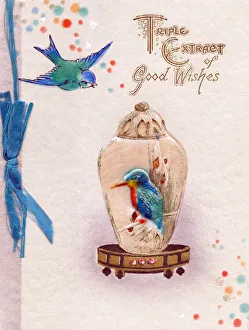 Bluebird, kingfisher and jar on a greetings card Bluebird, kingfisher and jar on a greetings card