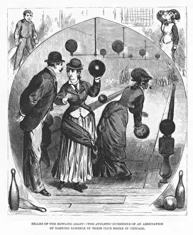 <b class=qtipBold><figcaption>Bowling in Chicago</figcaption></b><br>'Belles of the Bowling Alley - the Athletic Diversions of an Association of Dashing Damsels in their Club Rooms in Chicago.'<br><em>© Mary Evans Picture Library</em> Bowling in Chicago