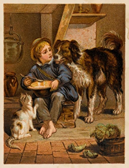 <b class=qtipBold><figcaption>Boy, Dog and Cat</figcaption></b><br>'My turn now' - a barefoot boy reluctantly shares his meal with his feline friend and canine chum.<br><em>© Mary Evans Picture Library</em> Boy, Dog and Cat