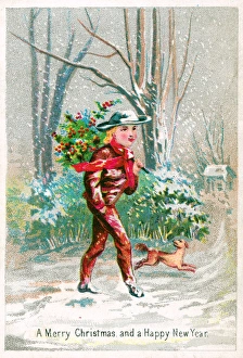 Boy and dog with holly on a Christmas card Boy and dog with holly on a Christmas card