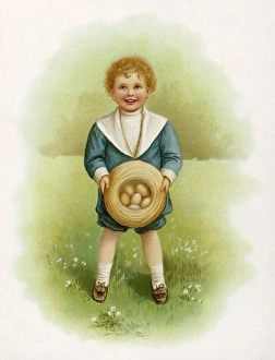 <b class=qtipBold><figcaption>Boy in Garden with Eggs</figcaption></b><br>A little boy in a garden, holding six eggs in his hat.<br><em>© Mary Evans Picture Library</em> Boy in Garden with Eggs