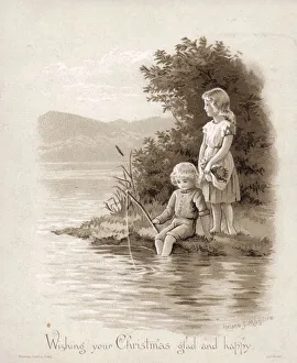 Boy and girl fishing on a sepia Christmas card Boy and girl fishing on a sepia Christmas card