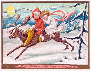 Boy and girl riding a reindeer on a New Year card Boy and girl riding a reindeer on a New Year card