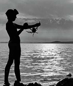 Paddling Gallery: Boy silhouetted against the sky, holding a crab