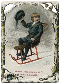 <b class=qtipBold><figcaption>Boy on Sledge C1880</figcaption></b><br>A boy waves as he slides on his sledge (one of a series)<br><em>© Mary Evans Picture Library</em> Boy on Sledge C1880