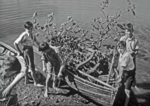 Activities Gallery: Boys with boat full of tree branches