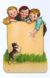 Three boys and a dog on a cutout greetings card Three boys and a dog on a cutout greetings card