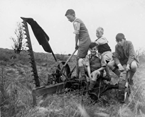 Four boys playing on farming equipment Four boys playing on farming equipment