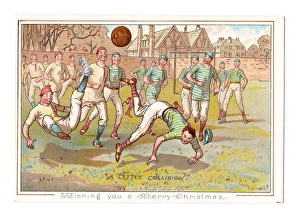 Boys playing football on a Christmas card Boys playing football on a Christmas card