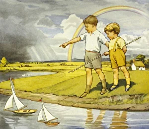 <b class=qtipBold><figcaption>Boys Racing Toy Boats</figcaption></b><br>Two small boys race their toy yachts in a country stream. A thatched cottage with smoking chimney is in the background<br><em>© Mary Evans Picture Library</em> Boys Racing Toy Boats