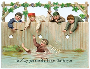 Five boys, one swimming, on a birthday card Five boys, one swimming, on a birthday card