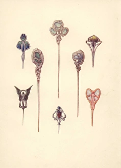 Holme Gallery: British art nouveau hair pins in silver, gold and enamel