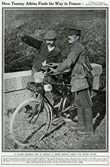 British soldier asking directions in France, 1914