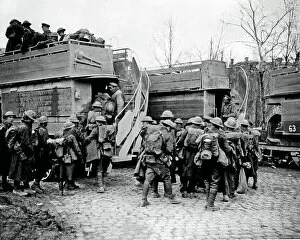 Return Gallery: British soldiers boarding buses, Western Front, WW1