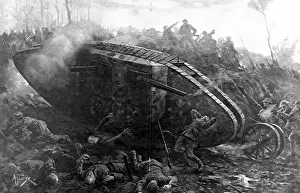 Prints of Illustration showing a British tank, probably a Mark V Male, leading an attack on German positions, somewhere on the Western Front, 1916 Battlefield Prints: British Tank Attacking German Positions, WW1 Print