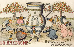 Brittany - Local Bretons dance around a jug of local cider Brittany - Local Bretons dance around a jug of local cider