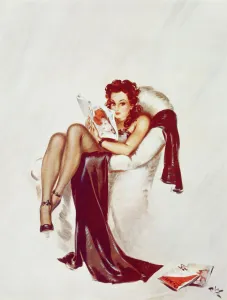 <b class=qtipBold><figcaption>Browned Off by David Wright</figcaption></b><br>Browned Off by David Wright, showing a model seated with her legs over a chair. Wright produced a series of over 160 illustrations or 'pin-ups' for 'The Sketch' during the 1940's. David Wright's 'Lovelies' proved hugely popular and adorned practically every military mess, bunker, dormitory or club room in the country during World War II.<br><em>© Estate of David Wright/ILN/Mary Evans Picture Library</em> Browned Off by David Wright