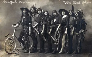 <b class=qtipBold><figcaption>Buffalo Belles Wild West Show</figcaption></b><br>Buffalo Belles Wild West Show. One man, seven women. Leader in cowboy costume with bicycle and whip. Two in cowgirl costumes holding lassos, five in indian costume holding knives and a spear. Date: circa 1913<br><em>© MonoMania Images / Mary Evans Picture Library</em> Buffalo Belles Wild West Show