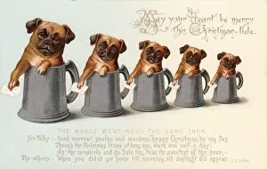 Five bulldogs in tankards on a Christmas card