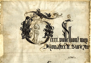 <b class=qtipBold><figcaption>Bury St. Edmunds monastery</figcaption></b><br>Lands in possession of the monastery of Bury St Edmunds, 16th c, f1a illuminated letter Date: 16th century<br><em>© Mary Evans / National Archives</em> Bury St. Edmunds monastery