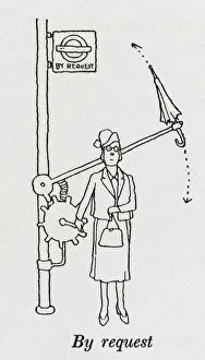 <b class=qtipBold><figcaption>Bus request stop / W H Robinson</figcaption></b><br>The permanent signaling umbrella fitted to bus stops, for when one finds ones self without suitable equipment for waving or when the signaling arm is heavily occupied with shopping. Please note: Credit must appear as (c) Courtesy of the estate of Mrs J.C.Robinson/Pollinger Ltd/Mary Evans Picture Library<br><em>© Mary Evans Picture Library 2015 - https://copyrighthub.org/s0/hub1/creation/maryevans/MaryEvansPictureID/10412495</em> Bus request stop / W H Robinson