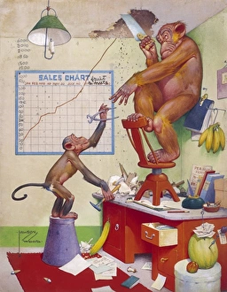 <b class=qtipBold><figcaption>Business Keeps Going Up</figcaption></b><br>Humorous illustration by Lawson Wood (1878-1957) showing Gran pop the orang utan having to saw a hole in the ceiling to accommodate his ever growing sales projection.<br><em>© Estate of Lawson Wood/Chris Beetles/Mary Evans</em> Business Keeps Going Up