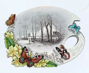Butterfly Gallery: Butterflies and flowers on a palette-shaped Christmas card