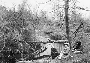 Prints of The Callan River and Wood, Keady - a view of a river and wood with three people in the foreground. (Location: Northern Ireland: County Armagh: Keady). Date: circa early 1900s County Armagh Prints: Early 20th Century Print of The Callan River and Wood, Keady