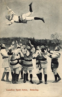 Canadian Chap is thrown jovially into the air by his chums Canadian Chap is thrown jovially into the air by his chums