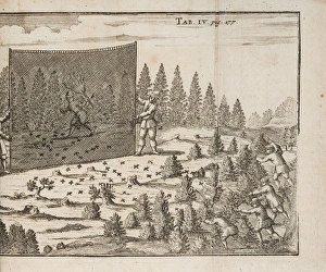 <b class=qtipBold><figcaption>Capturing birds, possibly larks</figcaption></b><br>Capturing birds, possibly larks. Illustration from Canarien Bogeln, Grhe Anweisung alle Arten Vogel zu fangen, einzustellen, abzurichten, zahm zu machen. Date: 1768<br><em>© The John Innes Centre/The John Innes Foundation/Mary Evans</em> Capturing birds, possibly larks