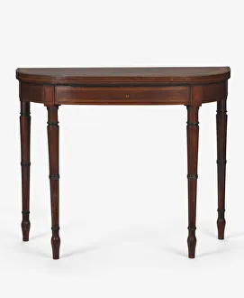 <b class=qtipBold><figcaption>Card table</figcaption></b><br>D-shaped folding card table made of mahogany with satinwood crossbanding and stringing, bearing the label of Thomas Wilmott. Probably made and retailed in London around 1800-1840. Date: c.1800-1840<br><em>© The Geffrye Museum of the Home / Mary Evans Picture Library</em> Card table