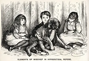 Cartoon, Elements of Mischief in Hypocritical Repose - three children and a dog Cartoon, Elements of Mischief in Hypocritical Repose - three children and a dog