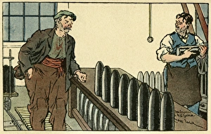 Cartoon, Men in munitions factory, WW1 Cartoon, Men in munitions factory, WW1